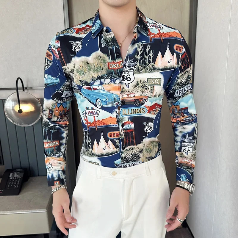 Men's Hawaiian light luxury long sleeved floral shirt, surfboard printed shirt, casual top, elegant clothing, polyester fiber fa