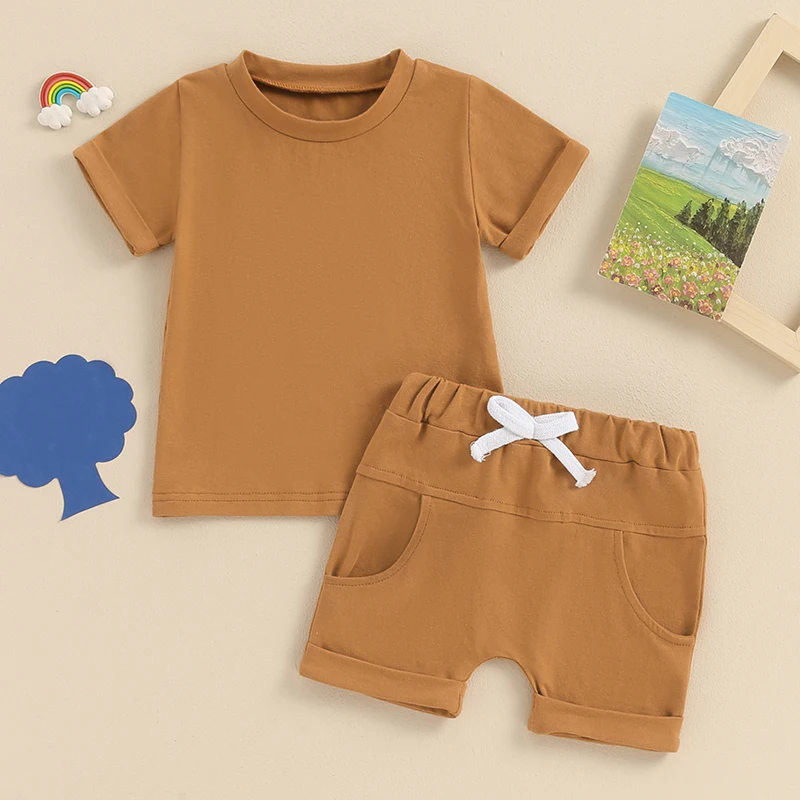 Lioraitiin Toddler Boys Summer Outfits Solid Color Rolled Hem Short Sleeve T-Shirts Tops Elastic Waist Shorts 2Pcs Clothes Set