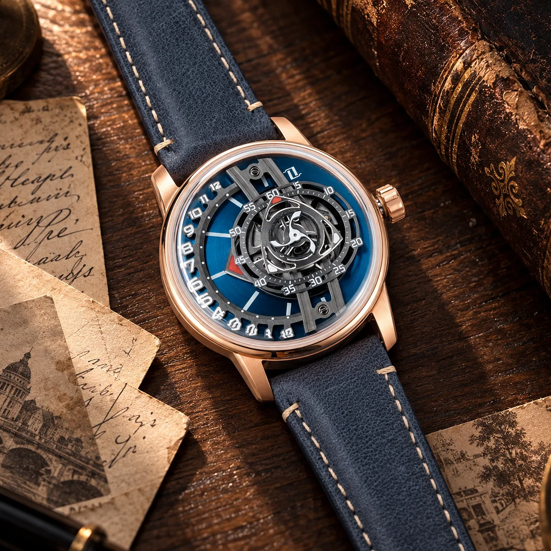 OBLVLO JM Rotor 42mm Men's Watch Unique Skeleton Rotary Engine Blue Dial Miyota 8215 Automatic Rose Gold Jump Hour JM-RT