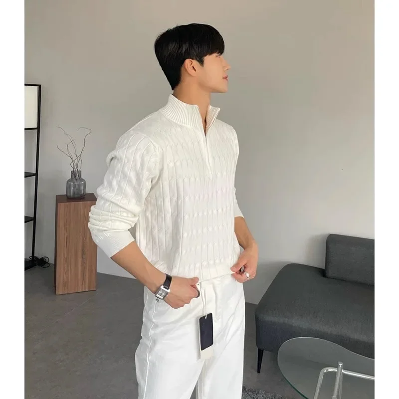 Men's Sweater Casual Jacquard Pattern Pullover Knitwear Winter Half Polo Turtle Neck Zipper Jumper Knitted Sweater Men view 3