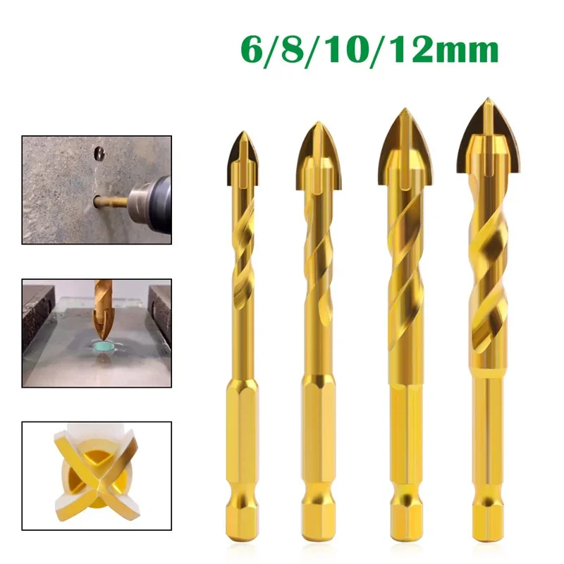 Broca para azulejos de 4 Uds., broca de aleación de cuatro filos de alta dureza, perforación en seco, brocas para azulejos, brocas hexagonales cruzadas para azulejos