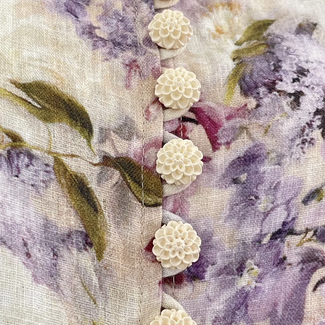 

Multi-color Floral Print 2023 New Linen High Quality Long Lantern Sleeve Buttons A-line Vintage Elegant Woman Dress for Holiday