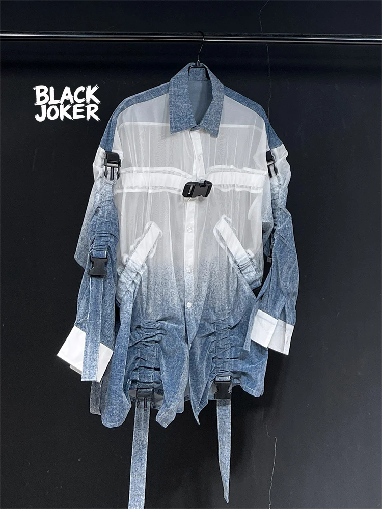 BLACK JOKER Original Design New Arrival Patchwork Pleated Blue Tie-Dye Loose-Fit Casual Long-Sleeve loose casual shirt Unisex