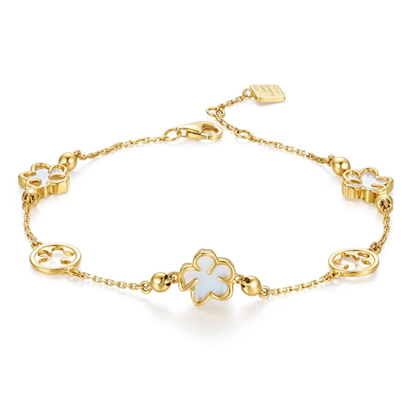 

Shell White Flower Bracelet Solid 14k Yellow Gold 3 Flowers Wedding Bracelet For Women 18cm Without Diamond