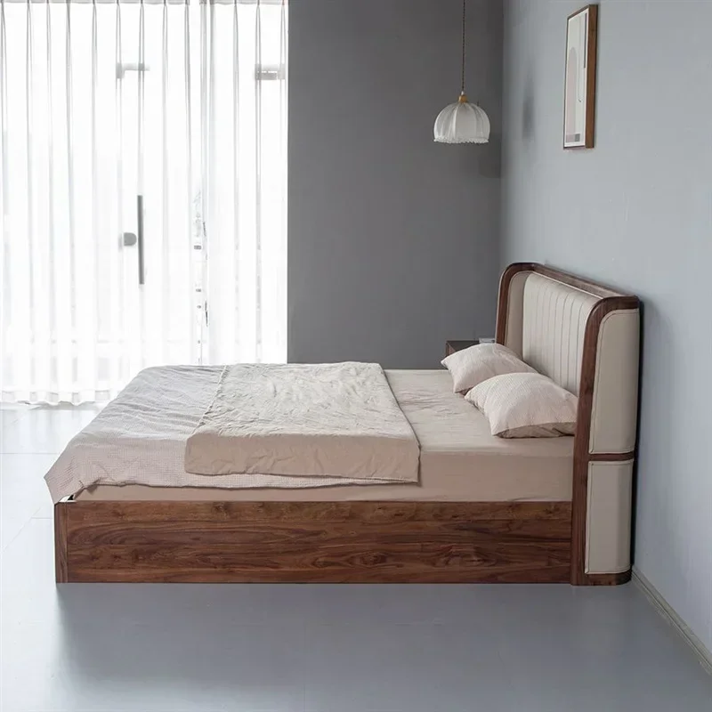 Nordic all solid wood high box soft bag black walnut storage air pressure bed light luxury minimalist floor bed bedroom furnit