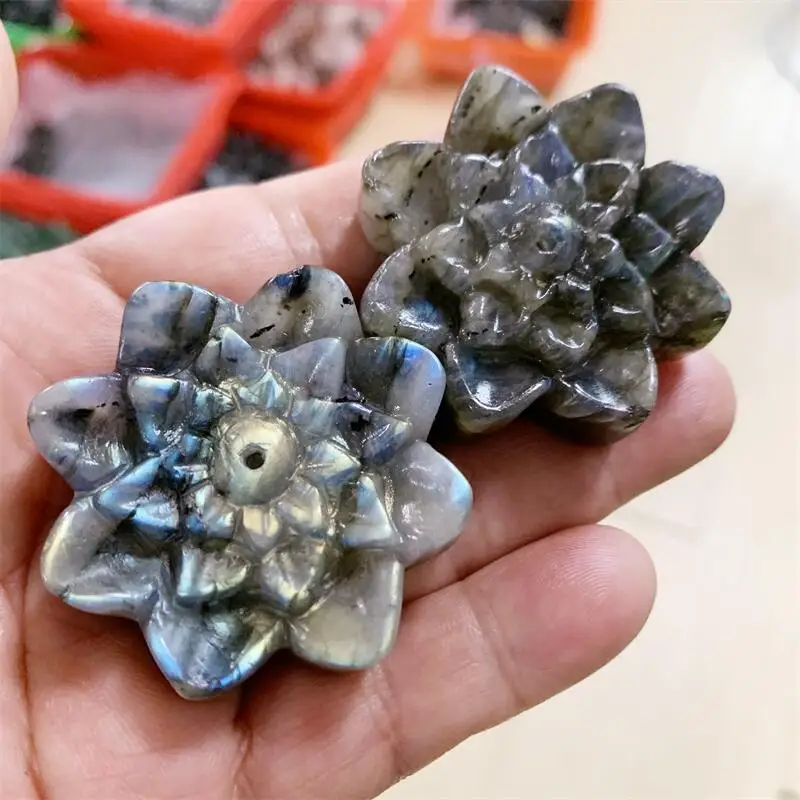 Natural Labradorite Beautiful Bauhinia Shaped Crystal Flower Stones Hand Carved  Healing Decor Stones Minerals 1pcs