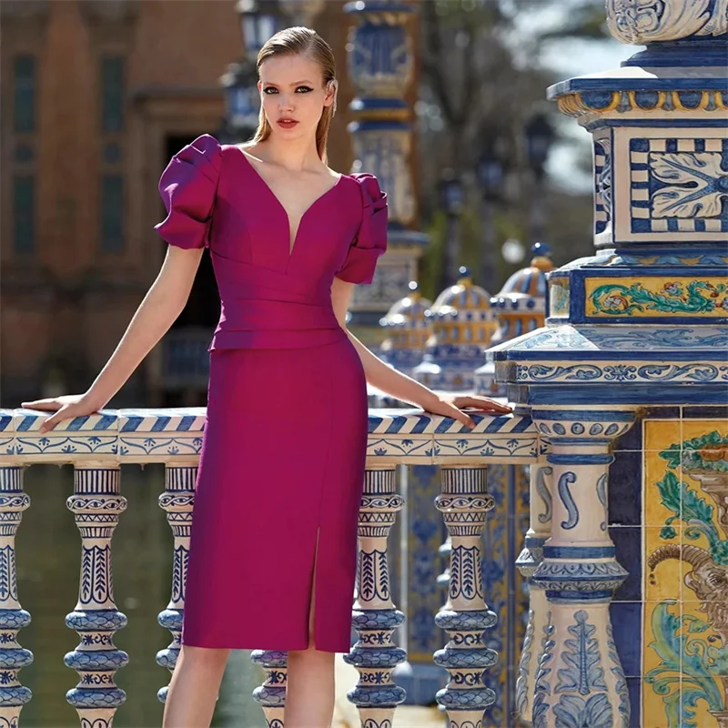 

Purple Mother of the Bride Dresses for Weddings Knee Length Formal Party Dress V Neck Short Sleeves Wedding Guest Gowns Custom