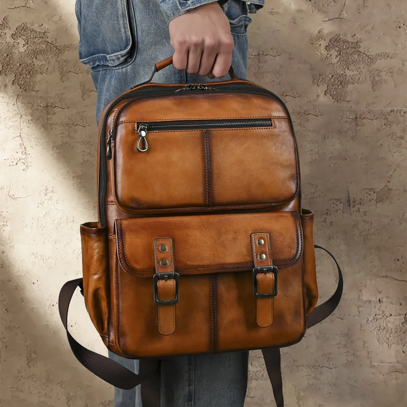

LD-Men's and Women's Retro Top Layer Cowhide Backpack, Casual Versatile Leather Multifunctional Computer Bag