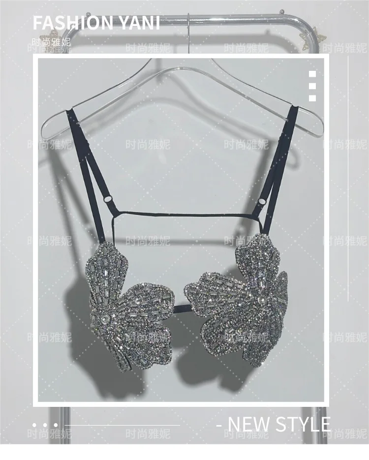 

New Heavy Industry Diamond studded Top Bra, Three Dimensional Flower Strap Tank Top, Sexy Outfit, Slim Fit Bikini