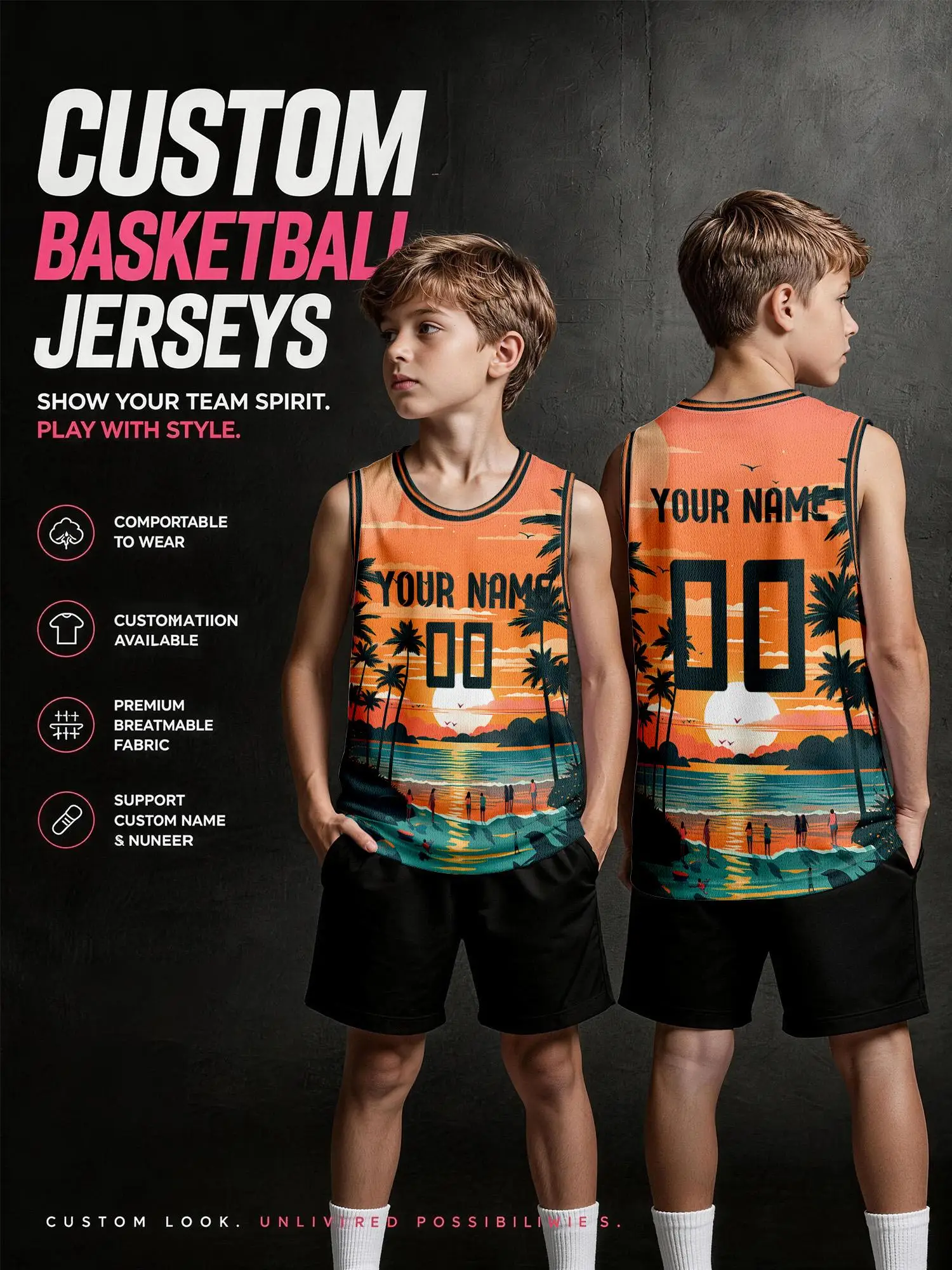 Sunset‑beach Palm‑print Custom Basketball Jersey, Trendy Breathable Quick‑dry Vest For Custom Name And Numbers