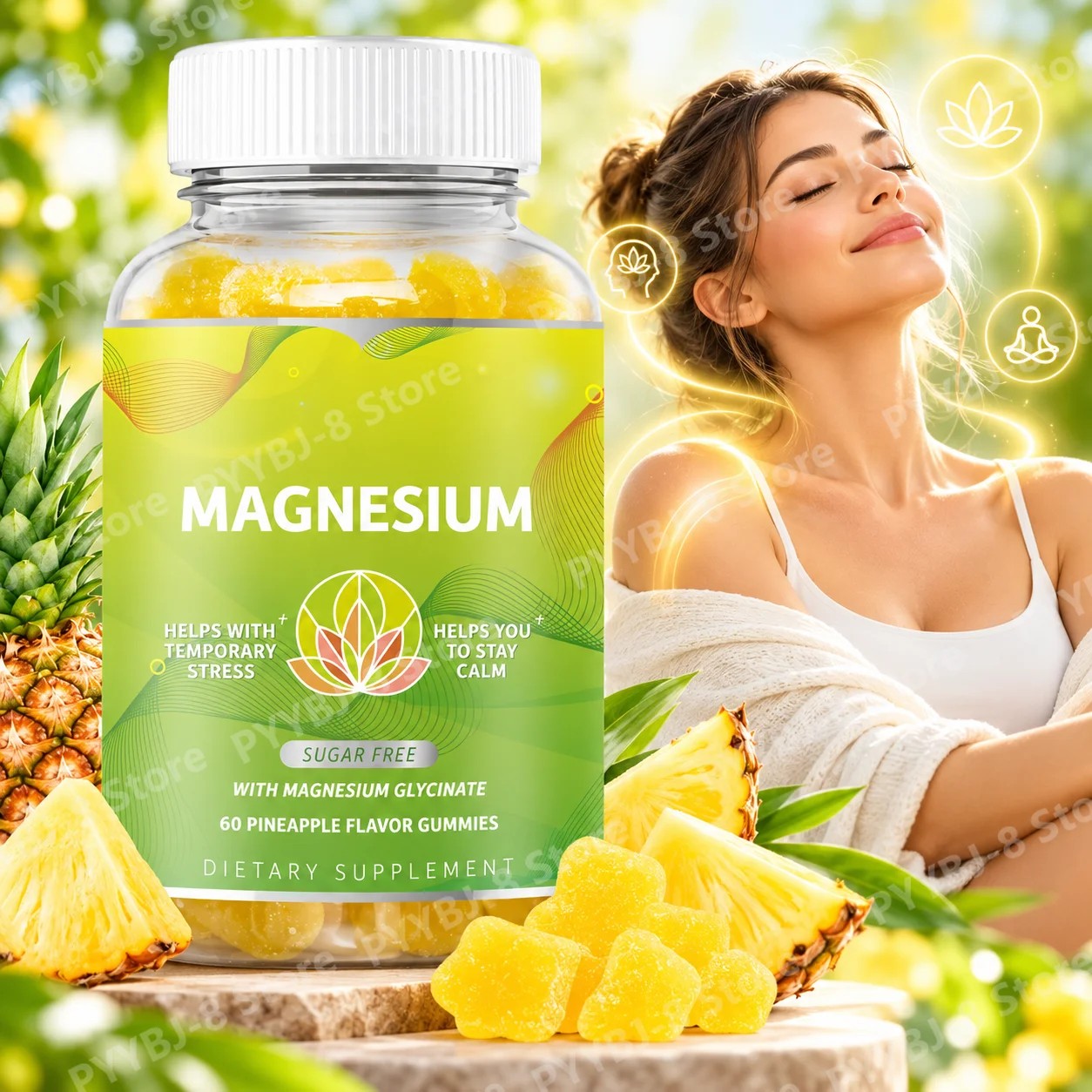Magnesium Glycinate Gummies,Calm Mood&Reduce Stress,Relax Muscles,Support Heart&Bone Health,Sugar Free,Pineapple Flavor 60Count