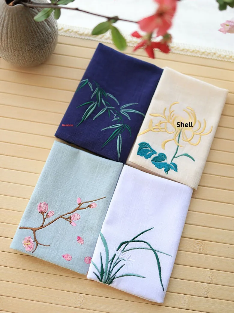 100 Percent Cotton Chinese Hanfu Style Embroidery Plum Orchid Bamboo Chrysanthemum Soft Sweat Absorbent Handkerchief For Men Wom