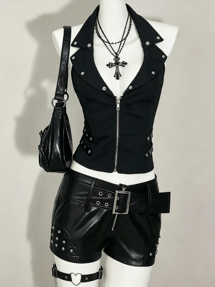 Harajuku Gothic Sexy Black Turn Down Collar Halter Tank Tops Women Rivet Zipper Placket Stretch Slim Fit Clubwear Everyday Wear