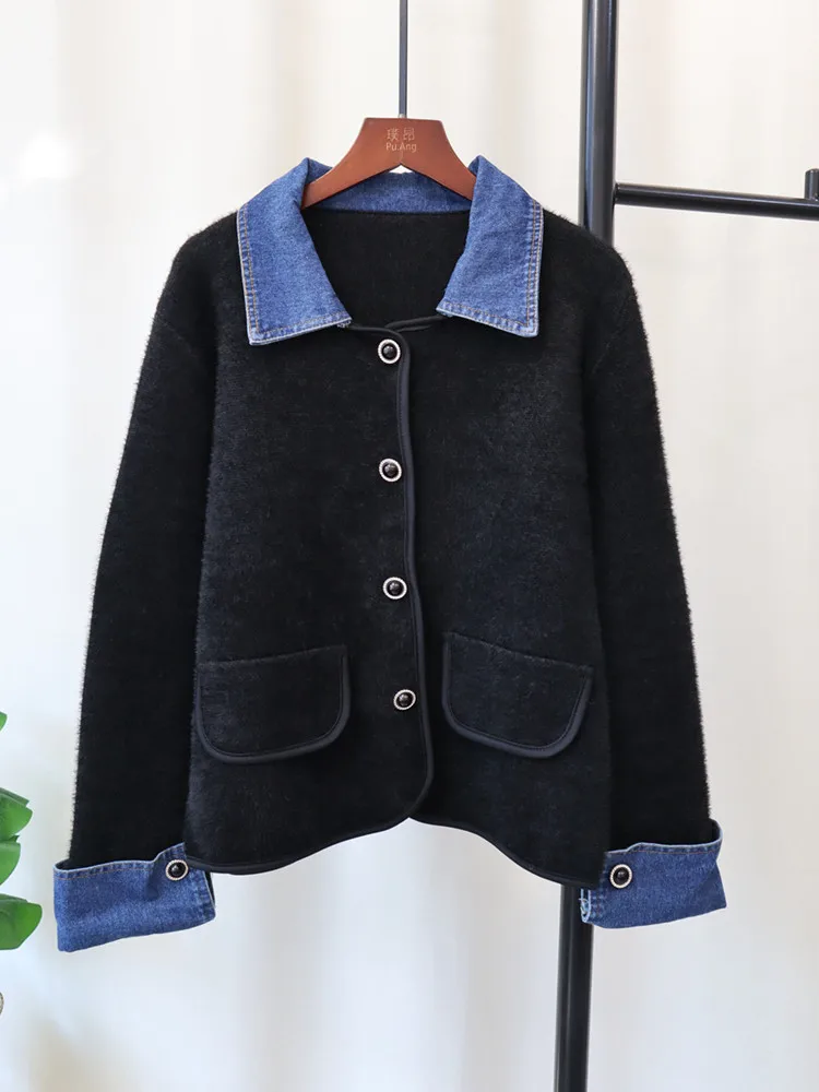 

Korean style Autumn Winter New Sweater Coat Women's Elegant Stitching Denim Waterproof Mink Fleece Knitted Cardigan