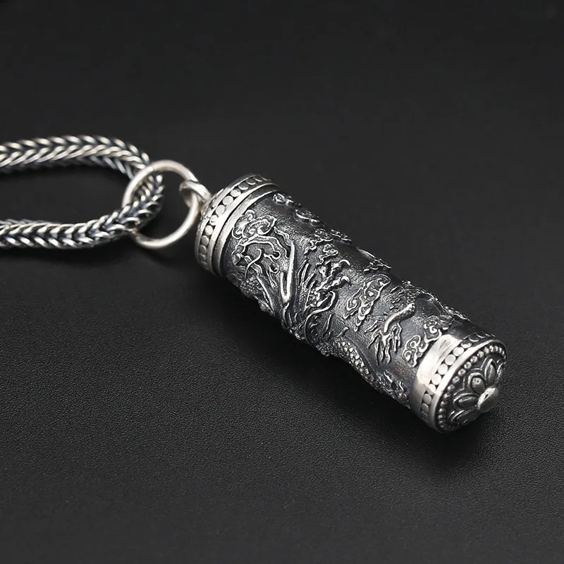 S925 Sterling Silver Dragon Pendant Black Color Old Process Unisex Openable Cylindrical Urn Fine Jewelry FYNE410