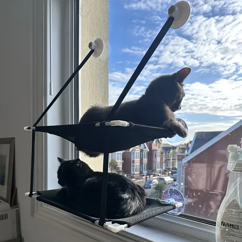 

Double Layer Cat Window Hammock - No Drill Perch with 360° Suction Cups, 2-Level Lounger for Multiple Cats, Space-Saving Bed