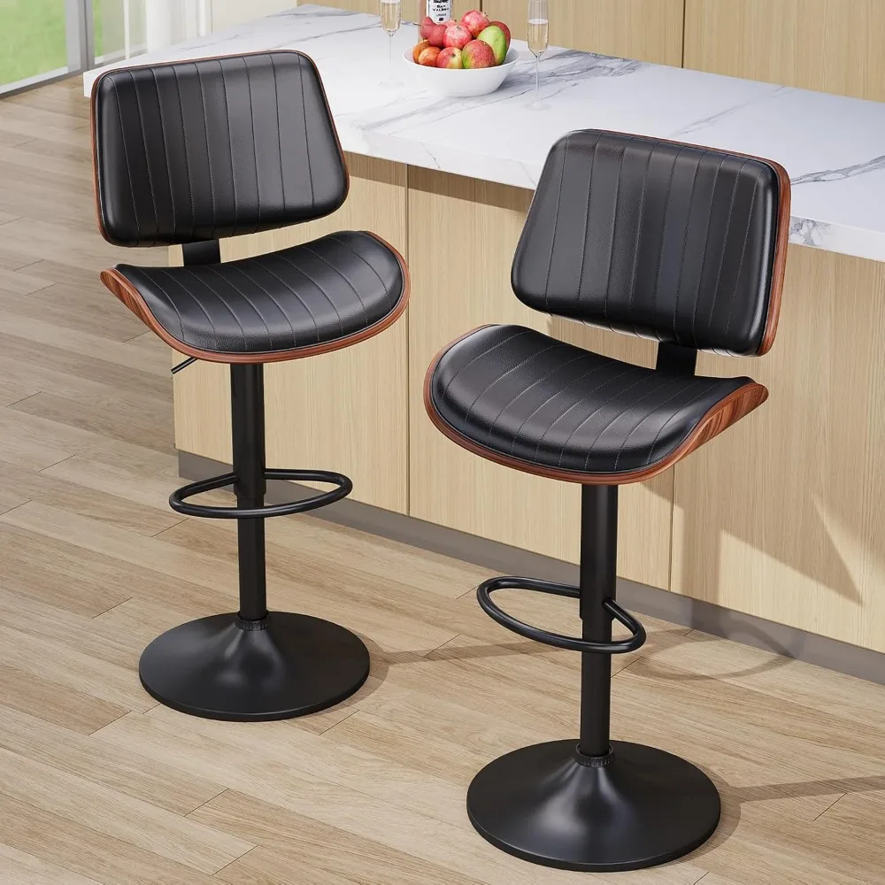 Kursi Bar Set Isi 2, Kursi Bar untuk Pulau Dapur dengan Punggung Bentwood dan Kursi Kulit, Kursi Bar Putar untuk Meja Dapur, Ba