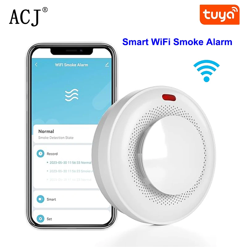 ACJ Smart Tuya WiFi Smoke Alarm Wireless Smoke Detector Security Protection Alarm for Home Hotel Remote Fire Alarm