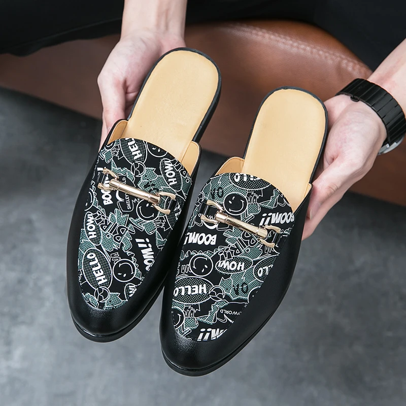 Plus Size 45 46 Summer Half Shoes Mens Mules Backless Loafers Slippers Leather Semi-Drag Casual Shoes Male Slides Flat Sandals