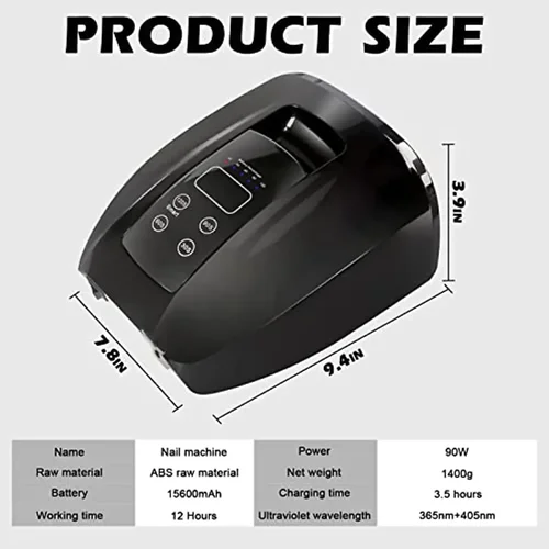 Imagen 2 del producto Lámpara de uñas recargable de 90W con fondo de espejo, luz LED inalámbrica para uñas acrílicas, máquina de manicura, lámpara LED UV inalámbrica para uñas