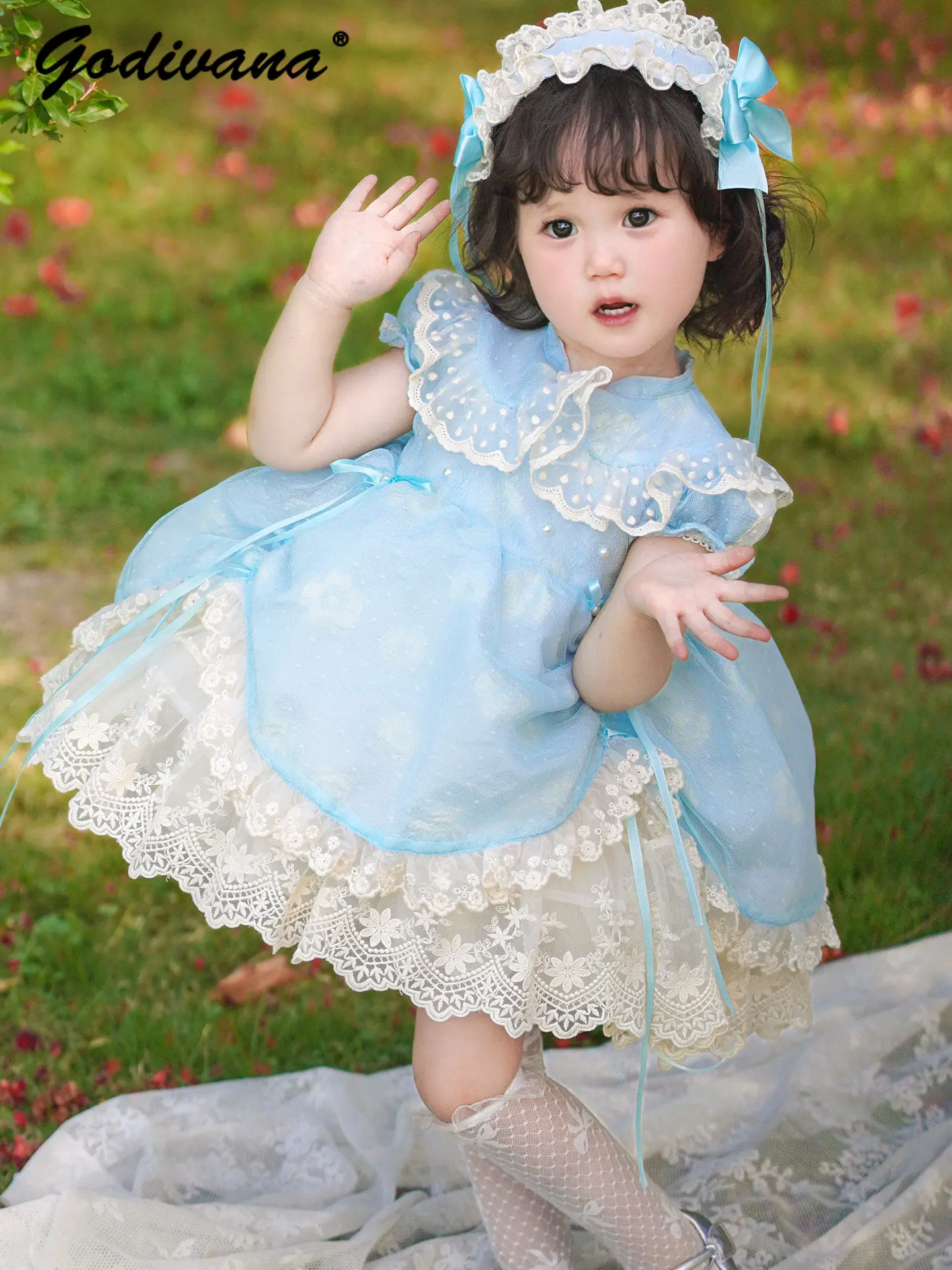 Sweet Baby Girls High End Lolita Princess Dress Kids 2026 Summer New Blue Elegant Puff Sleeve Bow Mesh Lace Patchwork Ball Gown