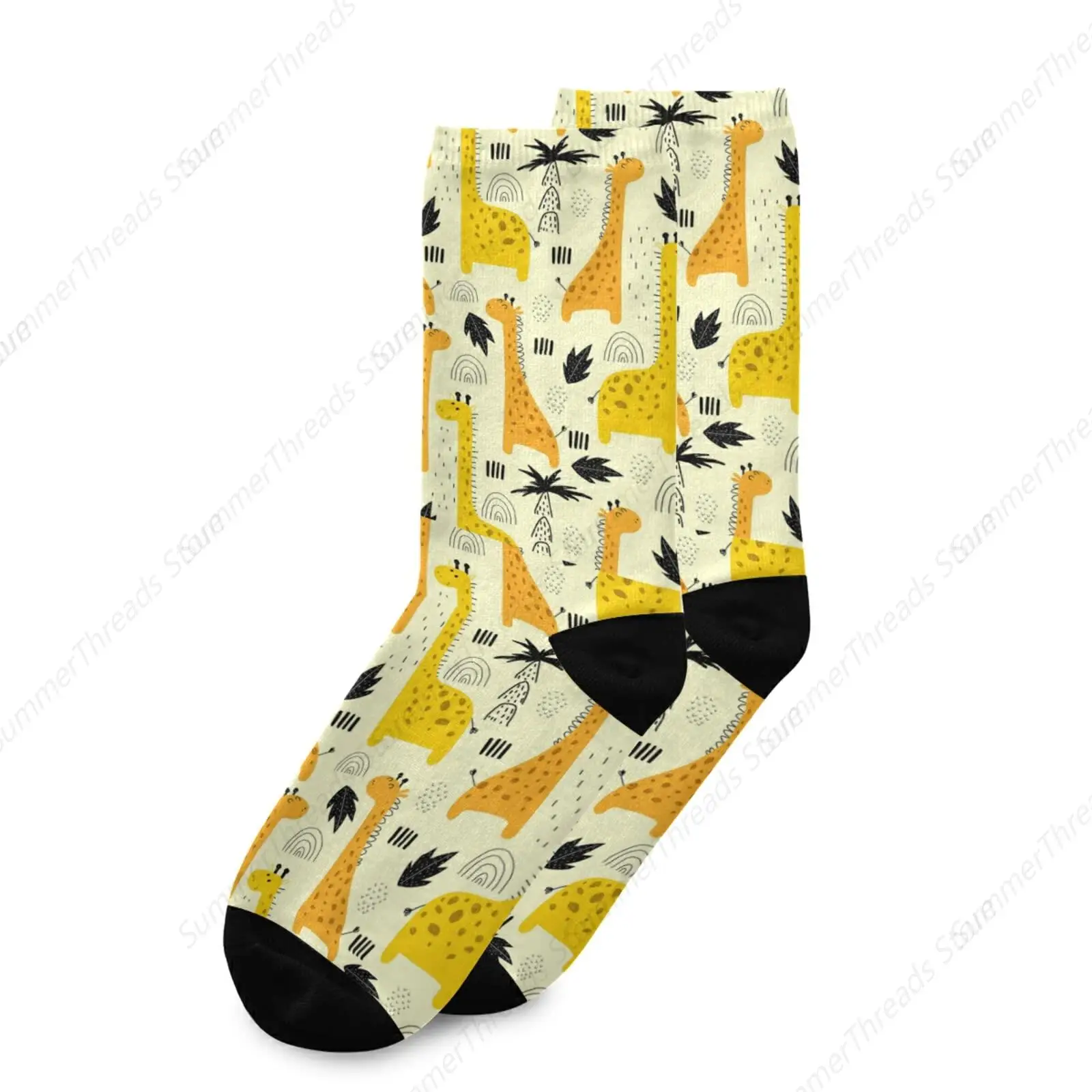 Yellow Cartoon Giraffes Rainbow Waterdrops Black Palm Tree Leaves Unisex Long Casual Socks Athletic Crew Socks for Women Men