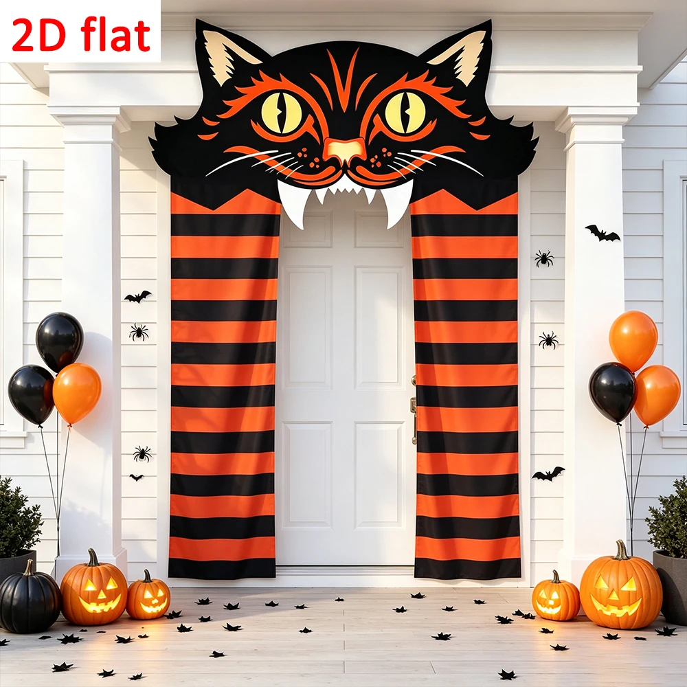 Schwarzer Katzen-Halloween-Torbogen-Vorhang, Orange-Schwarz Gestreiftes Katzen-Gesicht Türbanner für Veranda, Halloween-Party Eingangsbereich Dekoration – Detail 6