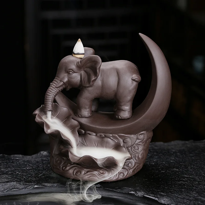 Original Purple Clay Backflow Incense Burner Sandalwood Burner Creative Crescent Moon Elephant Home Tea Room Ornament Craft One