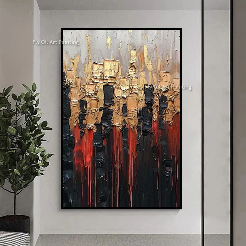 Popular Design Black Beige Simplism Canvas Artwork Original Abstract Golden Yellow Red Abstract Oil Painting For Wall Decor
