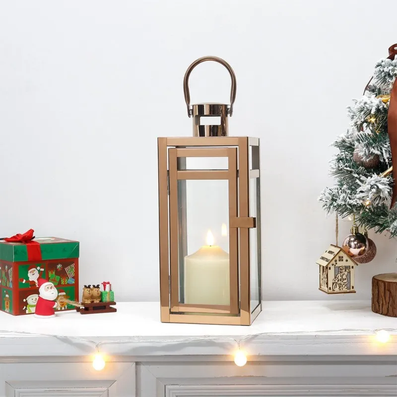 Glass-Lined Rose Gold Stainless Steel Lantern-Vintage Candle Holder For Home And Outdoor Decor Lighting
