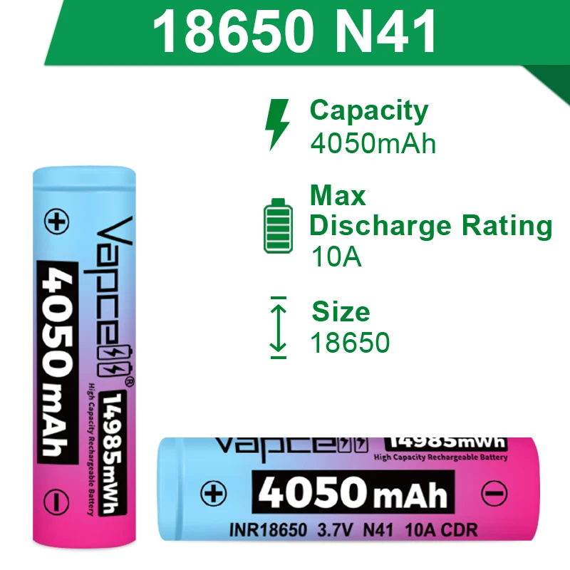 جديد قوس قزح 18650 بطارية Vapcell N41 4050mah 10A 3.7 فولت بطاريات ليثيوم أيون قابلة للشحن INR18650 أداة كهربائية بطارية ليثيوم