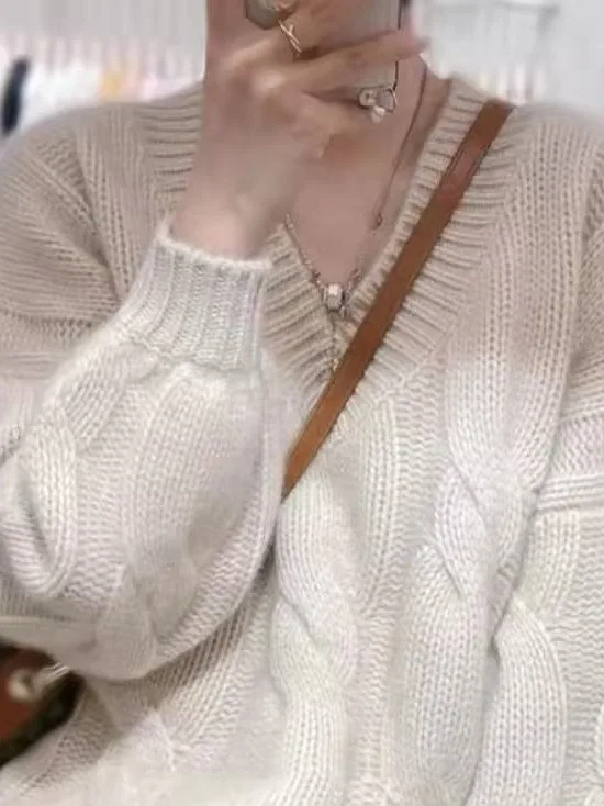 

Осень-зима Thiened V-Ne свободный пуловер свитер женский шикарный ретро витой ленивый Sle ort вязаный модный