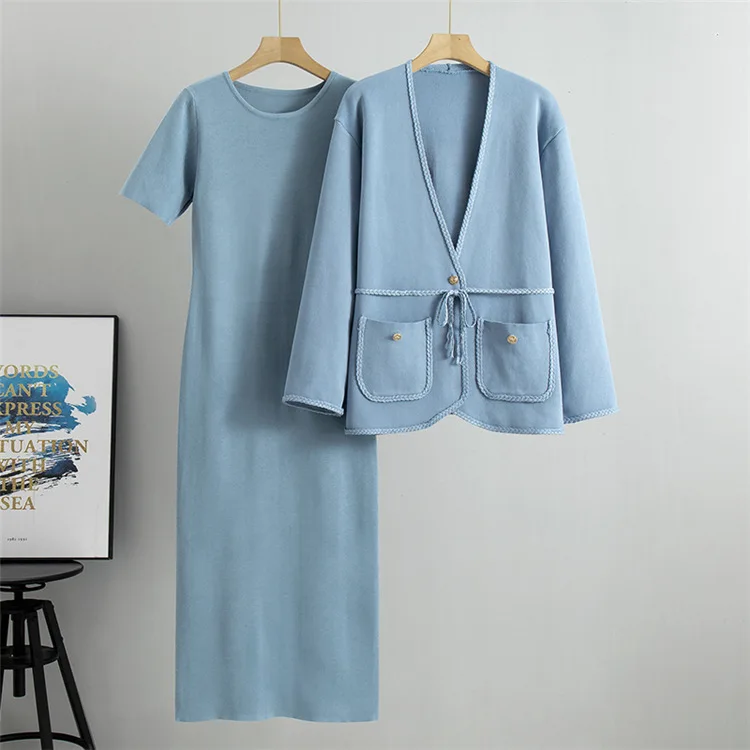 Robe 2 pièces ensembles femmes tenues décontracté ample col en V Cardigan à manches courtes robe mode coréenne robes élégantes ensembles