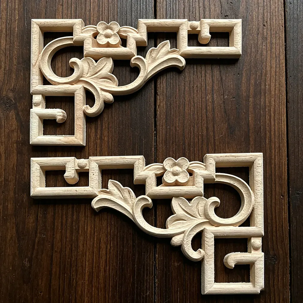 

4PCS Woodcarving Corner Decal Wooden Figurines Crafts Appliques Frame Wall Door Furniture Decor Old European Style