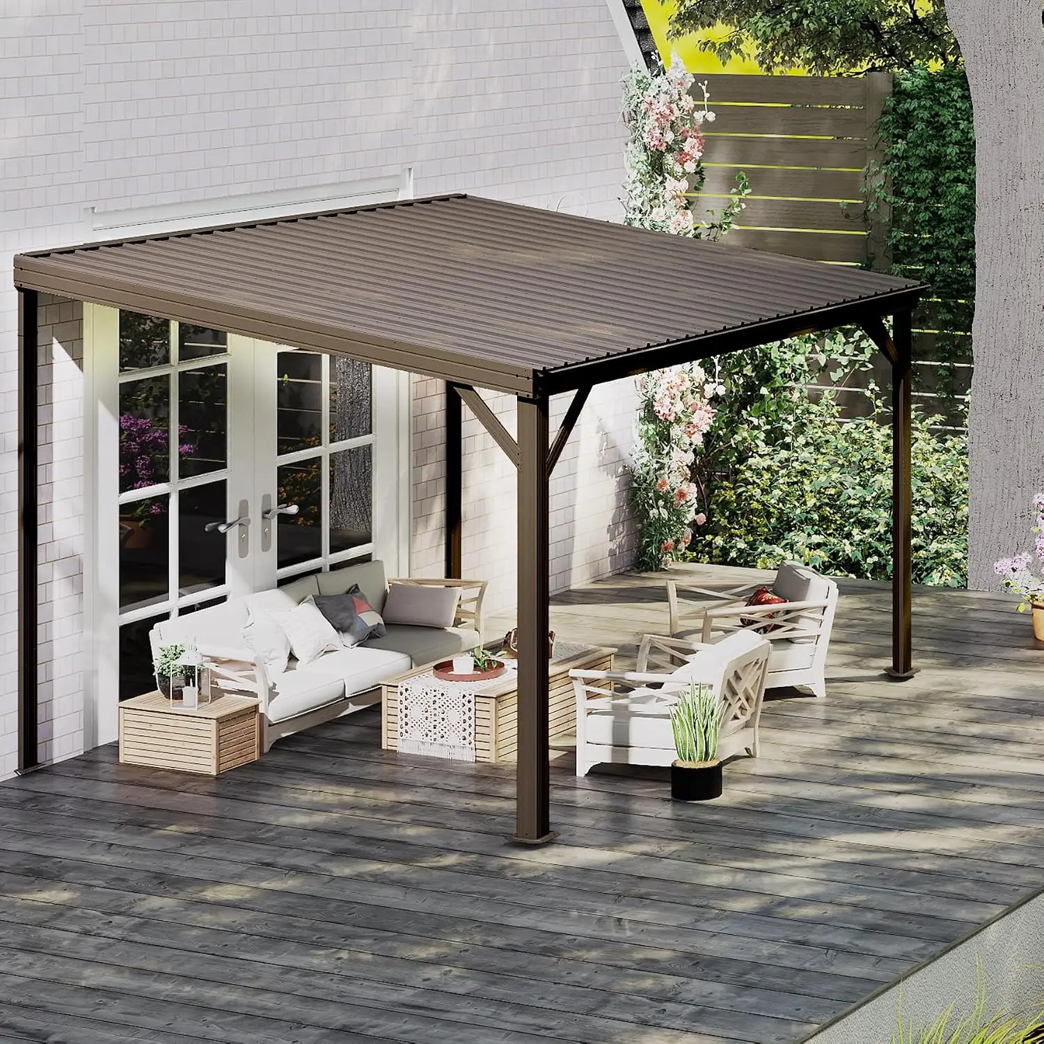 Metal Gazebo 8'x10' Wall Mounted Pergola Withstand 60 MPH Winds & 22 PSF Snow Hardtop Roof Gutter Anti-UV Brown, Customized