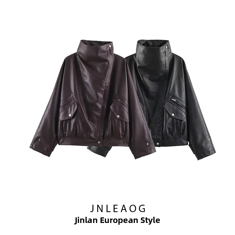 Fashionable Leather Effect Jacket Women's Outerwear Autumn New Style JNLEAOG 4341803 Long Sleeve Zipper Closure PU Leather