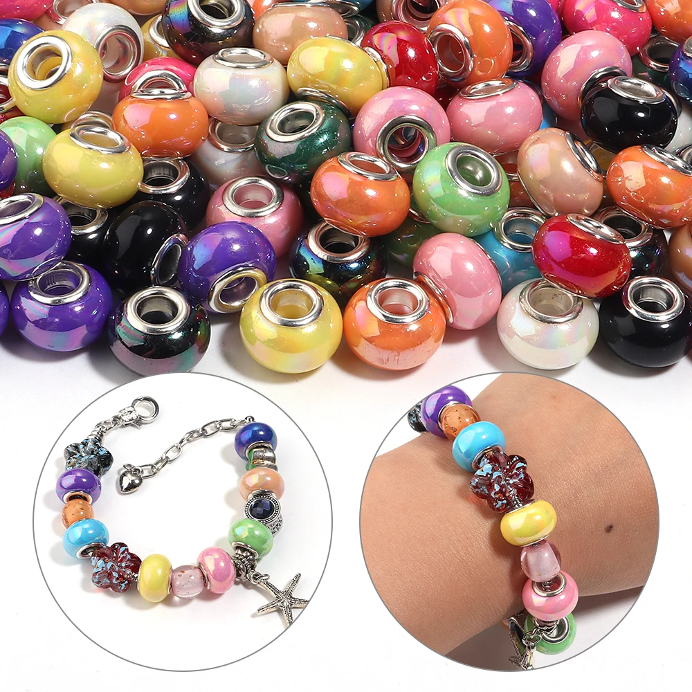 20pcs Resin Round Beads Ceramic Color Plated Large Holes Spacer Charm Bead for Jewelry Making Supplies DIY Bracelet Phone Chain