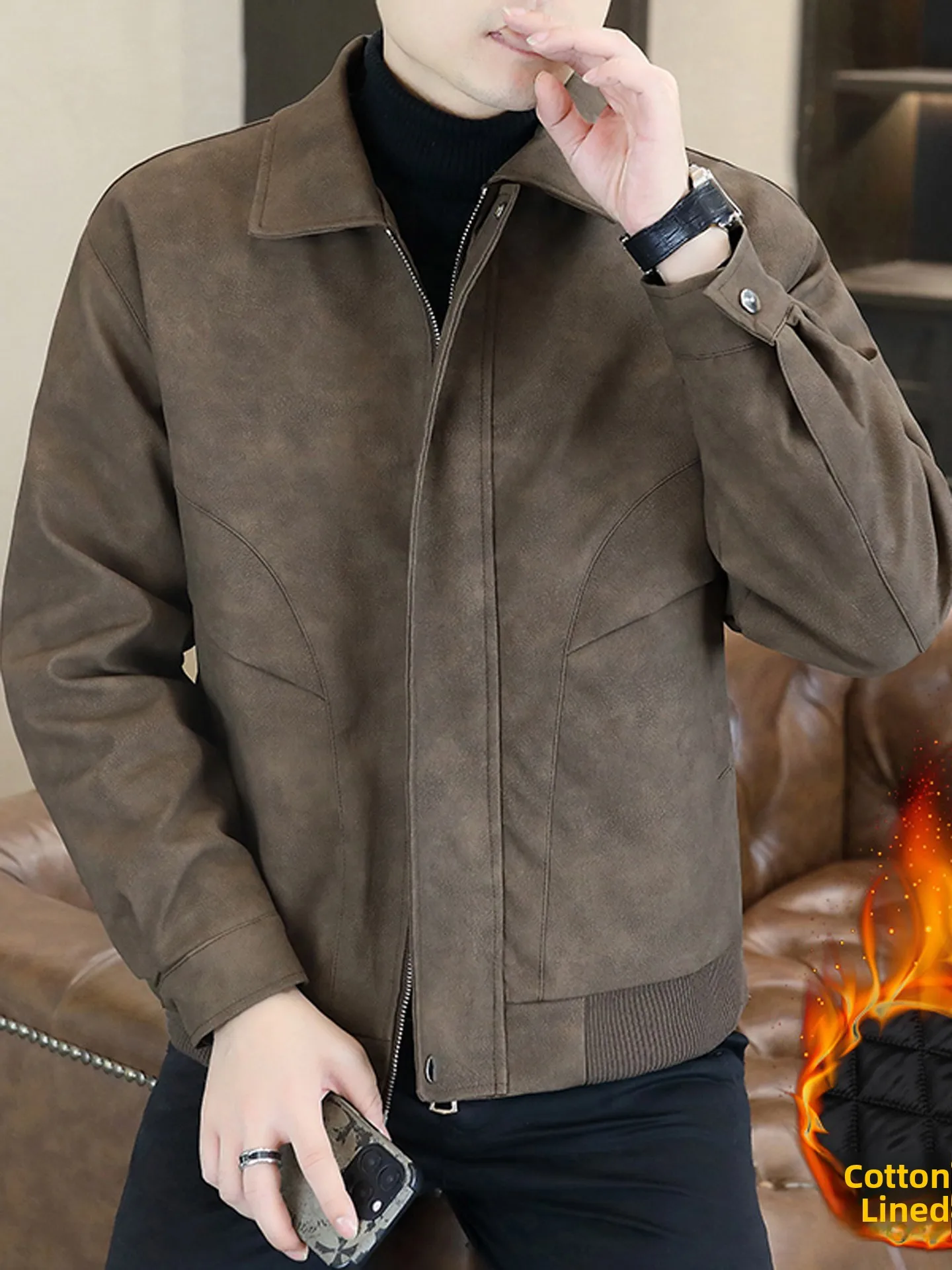 

High-End Men's Biker Jaet PU Leather Warmth Zipper Cotton Inner Faionable Autumn Winter Casual Loose Fit Elastic Hem