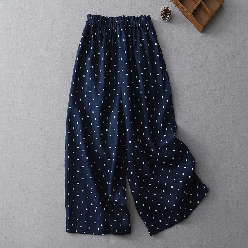 Japanese Sle Polka Dot Linen Wide Leg Pants Women's Casual Cotton Linen Straight Nine Point Pants High Waist ket Detail