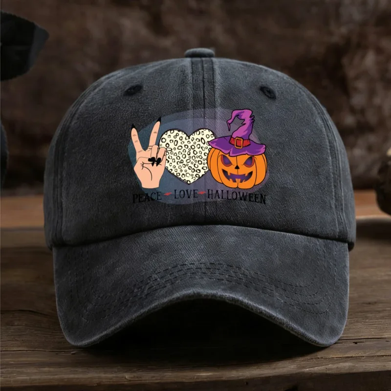 Unisex Retro Washed Baseball Hat Halloween Pumpkin Print Adjustable Back Strap Casual Headwear for Autumn Holiday Costume Outfit