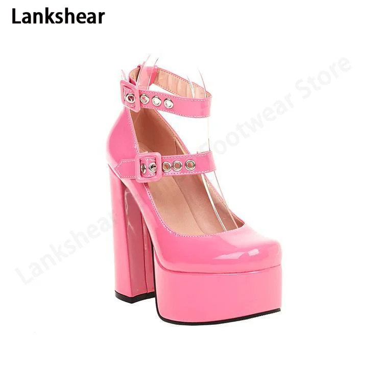 

Platform Heels Pink Patent Leather Pumps Block Heel Round Toe Ankle Buckle Strap Pumps Solid Women Shoes High Heel Pumps