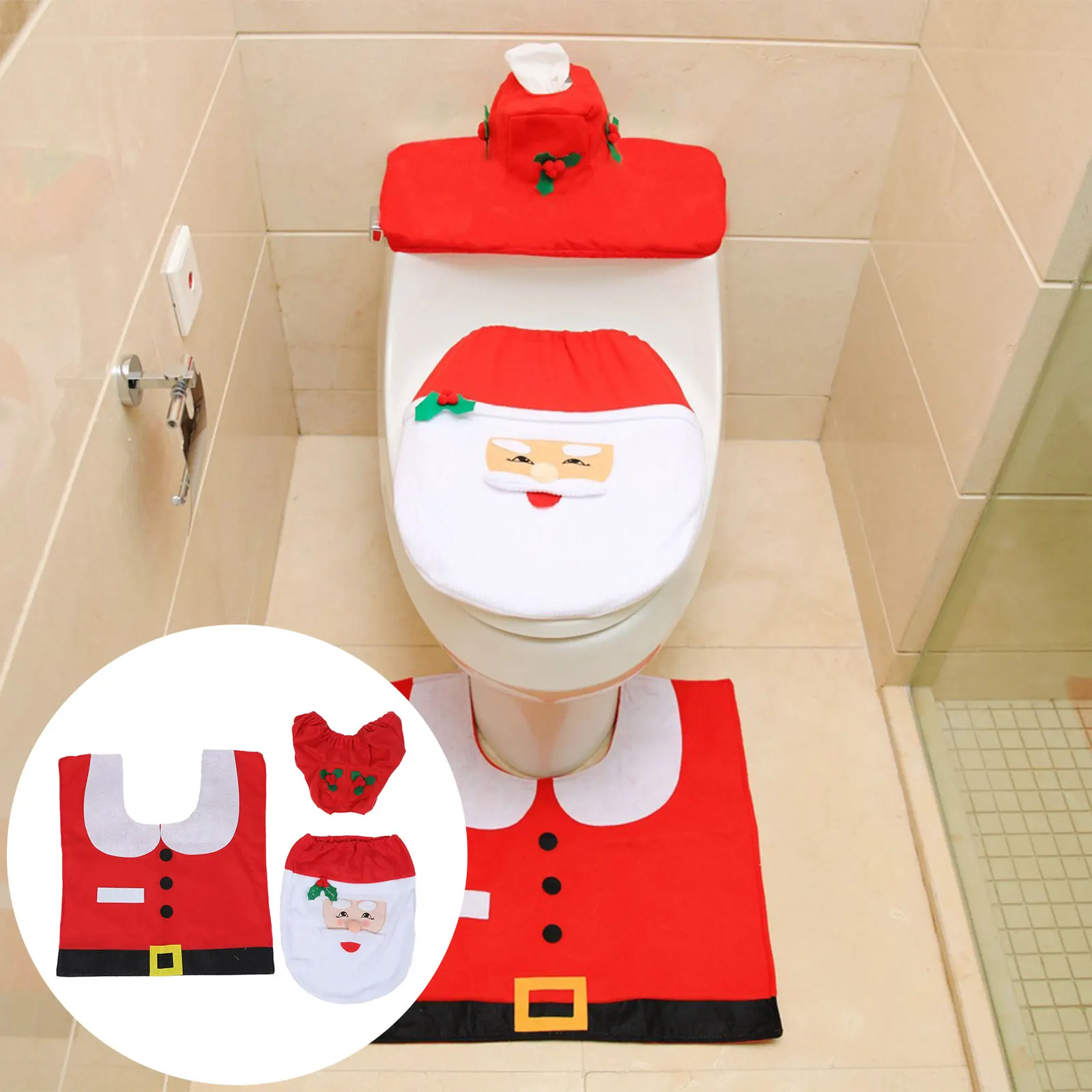 

1Set Christmas Toilet Cover Set Santa Claus Pattern Toilet Lid Water Tank Floor Mat Xmas Holiday Bathroom Decor