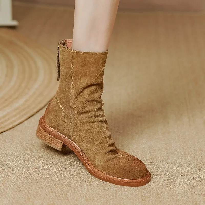 Women Ankle Boots Vintage Style Ladies Shoes Cowsuede Winter Boots Back Zippers Spring Autumn Shoes Real Leather Pleated Botas