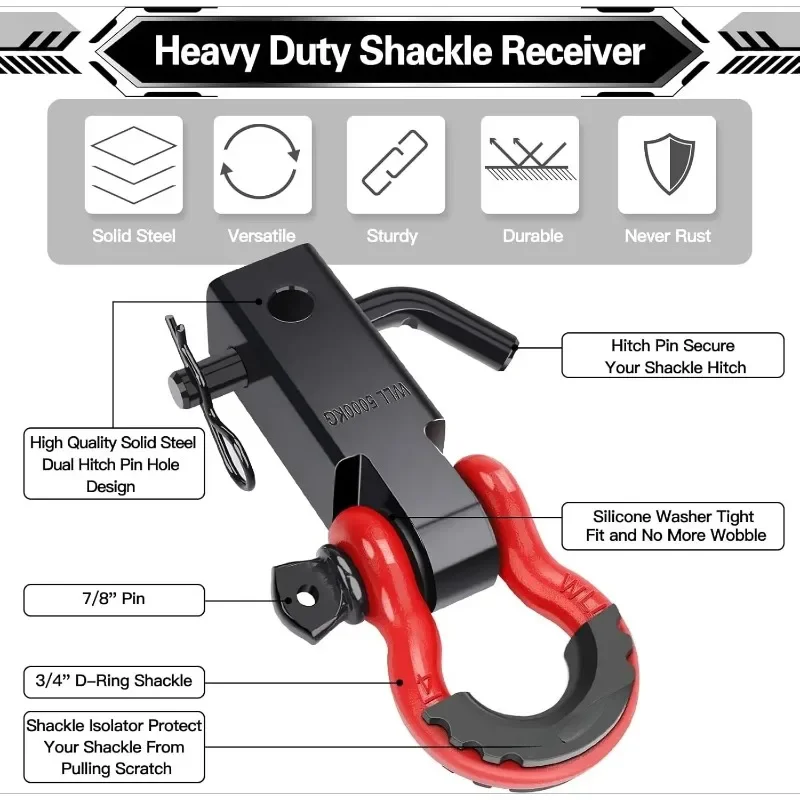 Suitable For  Shackle Hitch Receiver 2, 45K Lbs, 5/8' Screw Pin, 3/4' D Ring, Off-Road Towing Accessories, Red & Black
