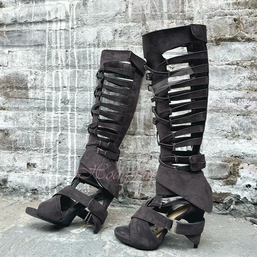 

Hollow Strappy Sandals Knee High New Style Buckles Open Toe Solid Stiletto Heels Sandals Women Sexy Shoes Summer Designer Party