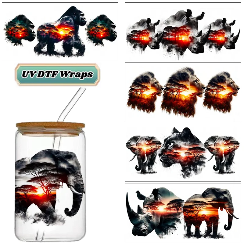 Sunset Safari Animal Design UV DTF Cup Wrap For 16ZO Libbey Glass Beer Can tumbler Transfer Stickers Waterproof DIY