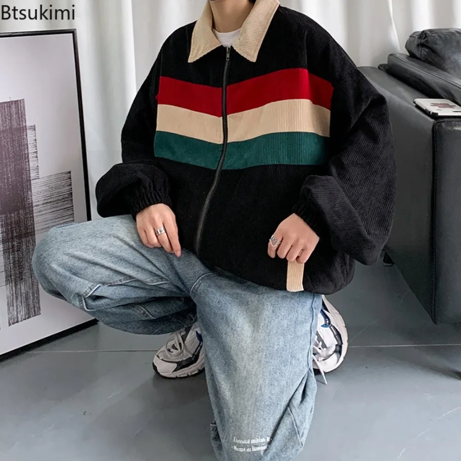 Spring Autumn New Men's Corduroy Jackets Fashion Splice Contrast Color Design Korean Style Loose Casual Coats Men Bomber Jackets
