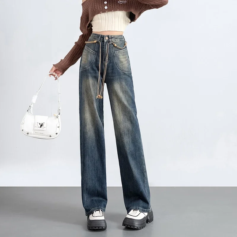 

2024 Autumn Winter Blue Straight Jeans Retro 90s Streetwear Wide Leg Women's High Waist Korean Fashion Mom Clothes Aestethic Y2k