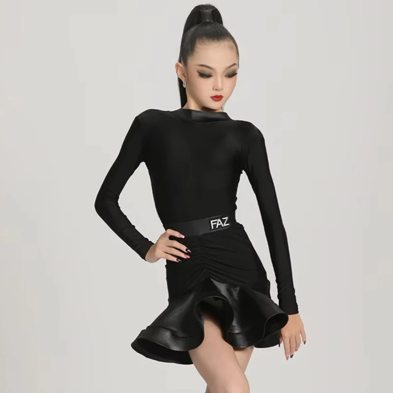 

Черное платье для латиноамериканских танцев, одежда для соревнований и выступлений для девочек, комплект с длинными рукавами, топ и юбка с разрезом, детский сценический костюм для латиноамериканских танцев VBH738