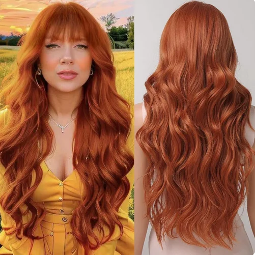 Long Curly Orange Wig For Women's Body Waves Natural Fluffy Fringe Hair Synthetic Wig Daily Cosplay Heat Resistant Headgear